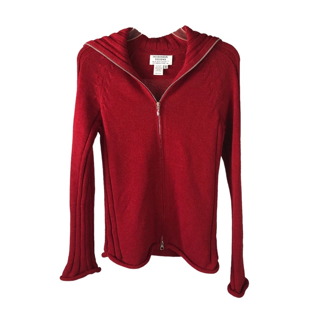 Women's Indigenous Designs Red Alpaca and Wool Blend Front Zip Sweater. Size M